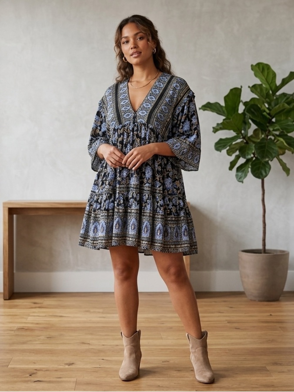 Free People Womens Moonlight Dance Blue/Brown Boho Hippie Tunic Oversized Sz S